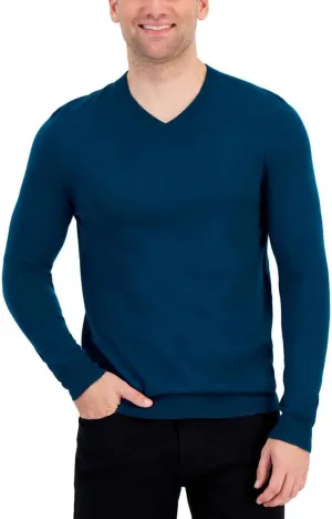 Alfani Mens Ribbed Trim Extra Fine Merino Wool V-Neck Sweater