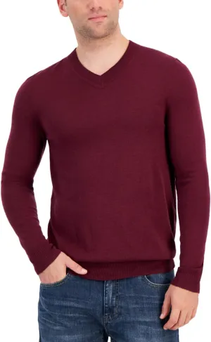 Alfani Mens Ribbed Trim Extra Fine Merino Wool V-Neck Sweater