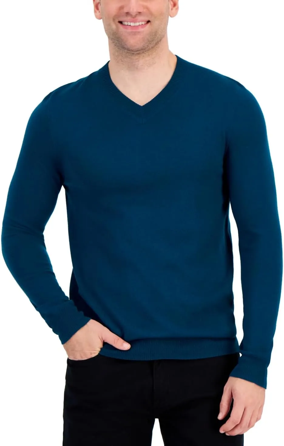 Alfani Mens Ribbed Trim Extra Fine Merino Wool V-Neck Sweater