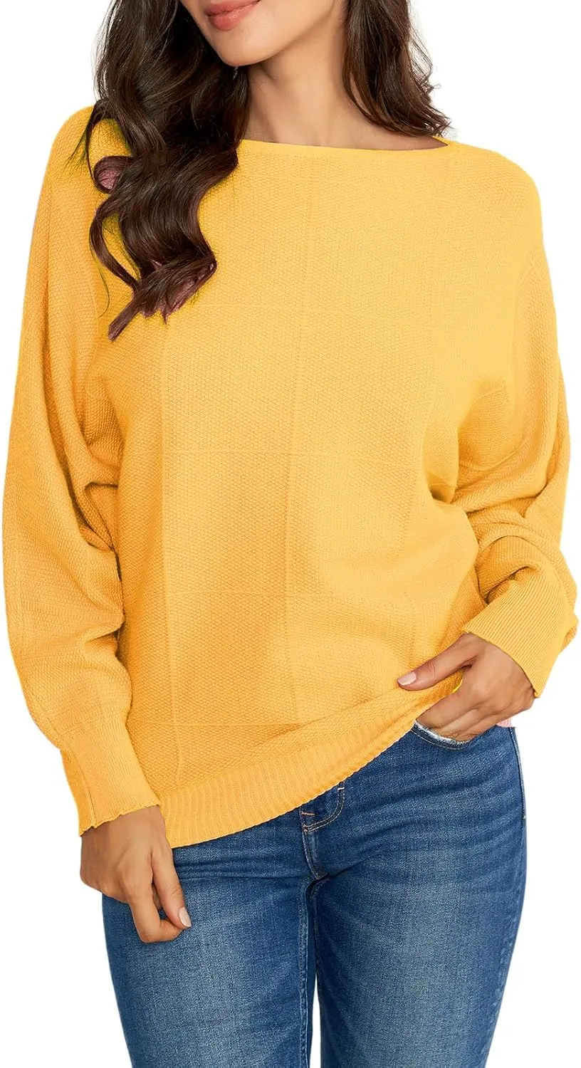 Ckikiou Women Cute Spring Fall Boatneck Batwing Soft Knitted Sweater for Women Casual Loose Long Sleeve Ribbed Pullover Top