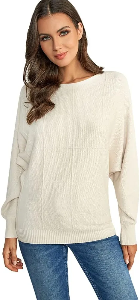 Ckikiou Women Cute Spring Fall Boatneck Batwing Soft Knitted Sweater for Women Casual Loose Long Sleeve Ribbed Pullover Top