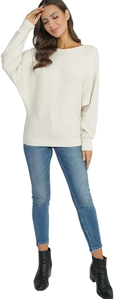 Ckikiou Women Cute Spring Fall Boatneck Batwing Soft Knitted Sweater for Women Casual Loose Long Sleeve Ribbed Pullover Top