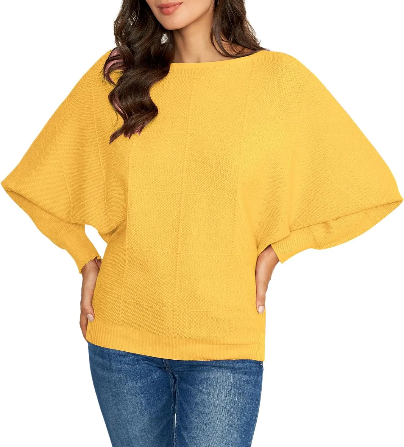 Ckikiou Women Cute Spring Fall Boatneck Batwing Soft Knitted Sweater for Women Casual Loose Long Sleeve Ribbed Pullover Top