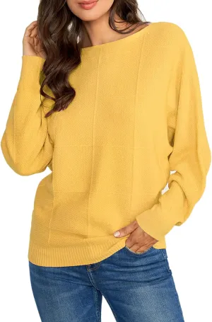 Ckikiou Women Cute Spring Fall Boatneck Batwing Soft Knitted Sweater for Women Casual Loose Long Sleeve Ribbed Pullover Top