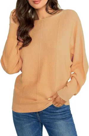 Ckikiou Women Cute Spring Fall Boatneck Batwing Soft Knitted Sweater for Women Casual Loose Long Sleeve Ribbed Pullover Top