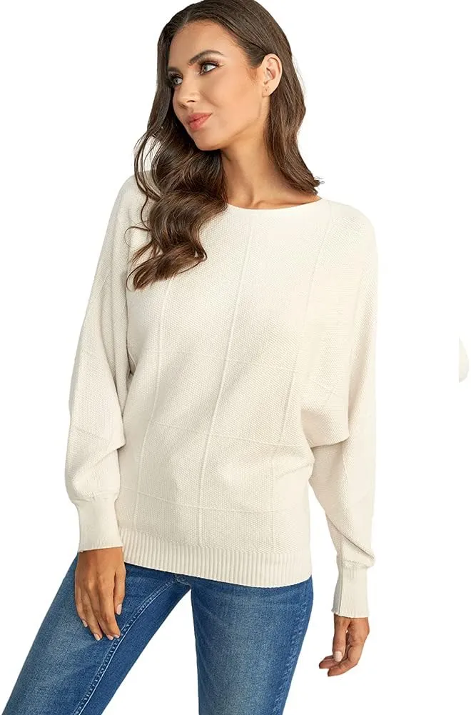 Ckikiou Women Cute Spring Fall Boatneck Batwing Soft Knitted Sweater for Women Casual Loose Long Sleeve Ribbed Pullover Top