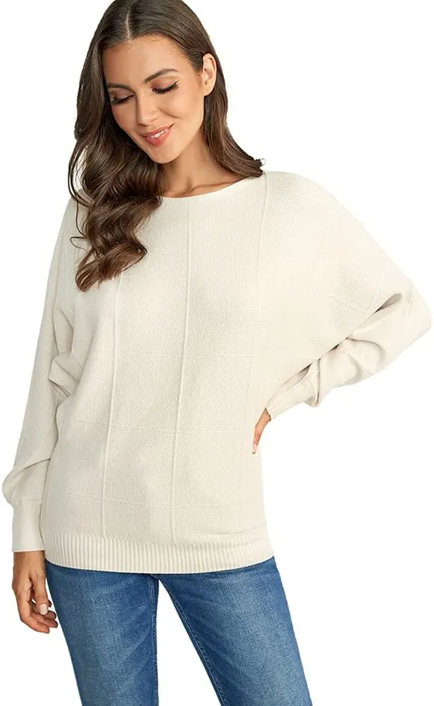 Ckikiou Women Cute Spring Fall Boatneck Batwing Soft Knitted Sweater for Women Casual Loose Long Sleeve Ribbed Pullover Top