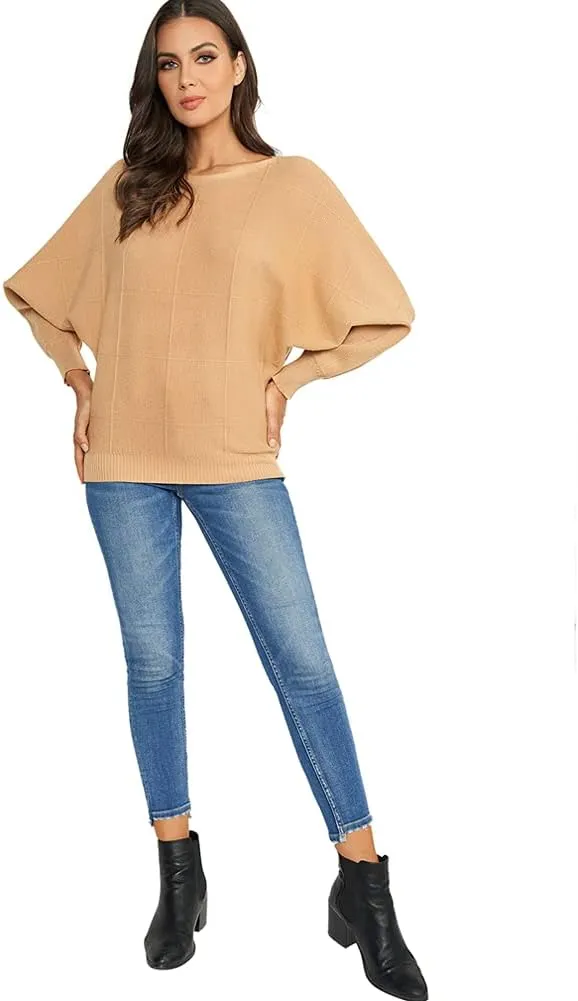 Ckikiou Women Cute Spring Fall Boatneck Batwing Soft Knitted Sweater for Women Casual Loose Long Sleeve Ribbed Pullover Top
