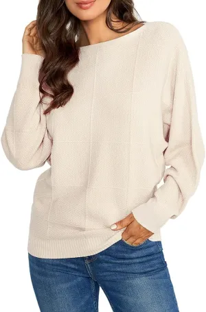 Ckikiou Women Cute Spring Fall Boatneck Batwing Soft Knitted Sweater for Women Casual Loose Long Sleeve Ribbed Pullover Top