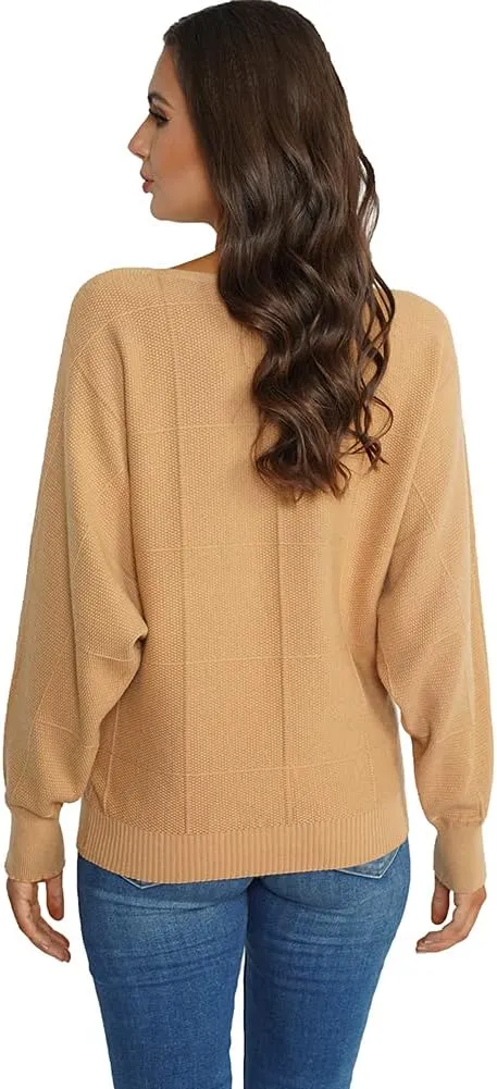 Ckikiou Women Cute Spring Fall Boatneck Batwing Soft Knitted Sweater for Women Casual Loose Long Sleeve Ribbed Pullover Top