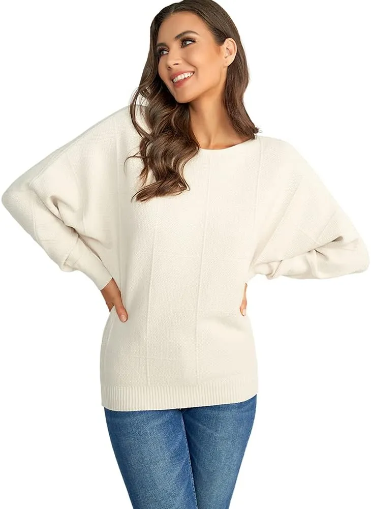 Ckikiou Women Cute Spring Fall Boatneck Batwing Soft Knitted Sweater for Women Casual Loose Long Sleeve Ribbed Pullover Top