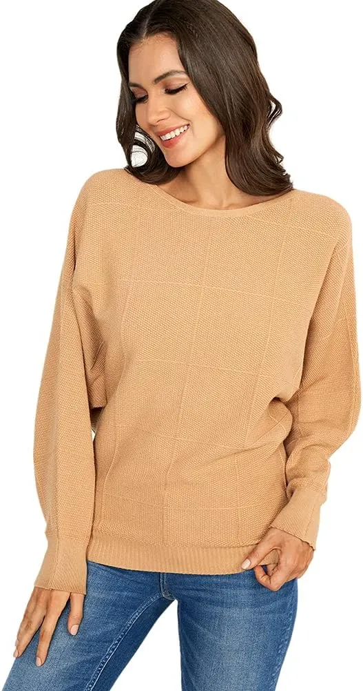 Ckikiou Women Cute Spring Fall Boatneck Batwing Soft Knitted Sweater for Women Casual Loose Long Sleeve Ribbed Pullover Top
