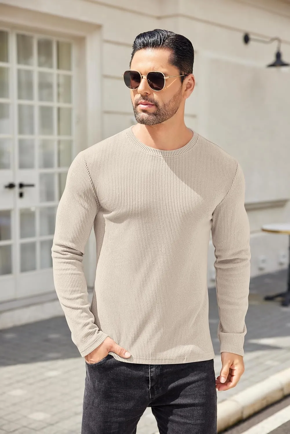 COOFANDY Mens Long Sleeve Shirts Thermal T-Shirt Slim Fit Crewneck Sweater Knitted Pullover Shirt