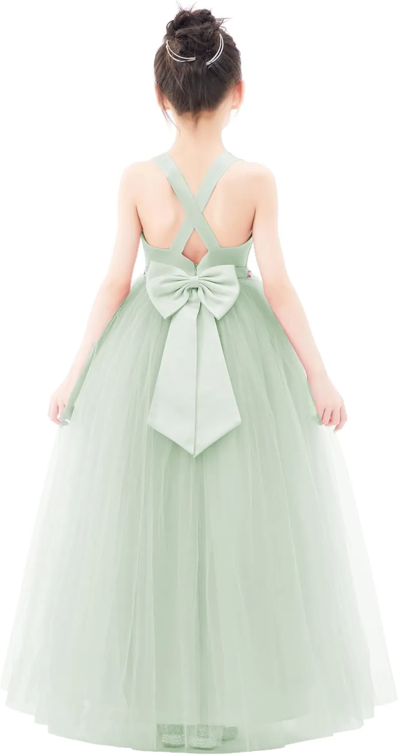 ekidsbridal Crossed Straps Satin Flower Girl Dress with Rhinestones for Social Events 240