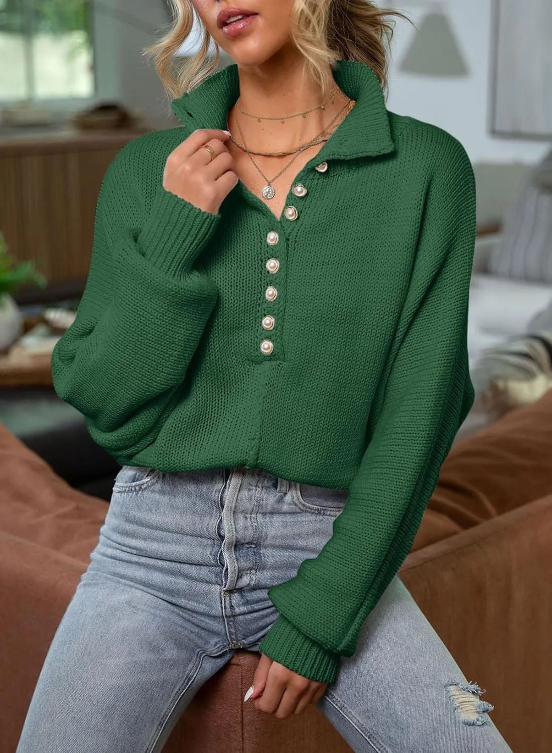 EVALESS Womens Oversized Knit Chunky Fall Sweater Tops 2024 V Neck Long Sleeve Lapel Collar Button Pullover Outfits