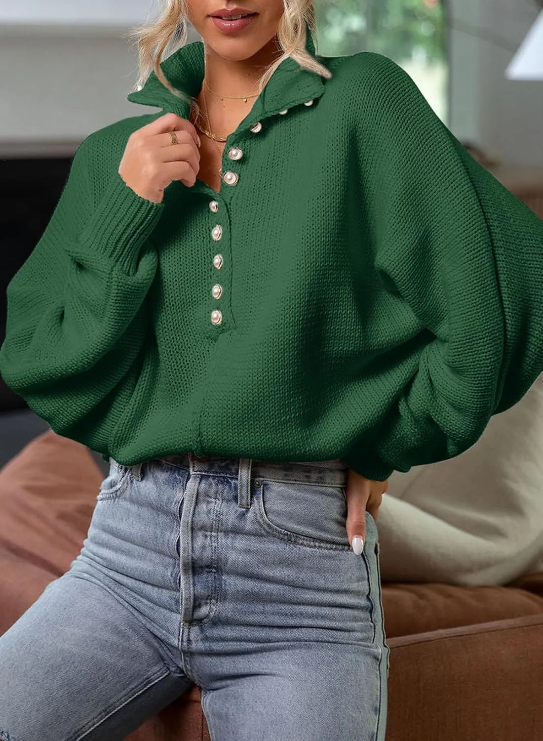 EVALESS Womens Oversized Knit Chunky Fall Sweater Tops 2024 V Neck Long Sleeve Lapel Collar Button Pullover Outfits