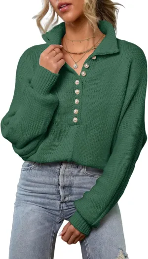 EVALESS Womens Oversized Knit Chunky Fall Sweater Tops 2024 V Neck Long Sleeve Lapel Collar Button Pullover Outfits