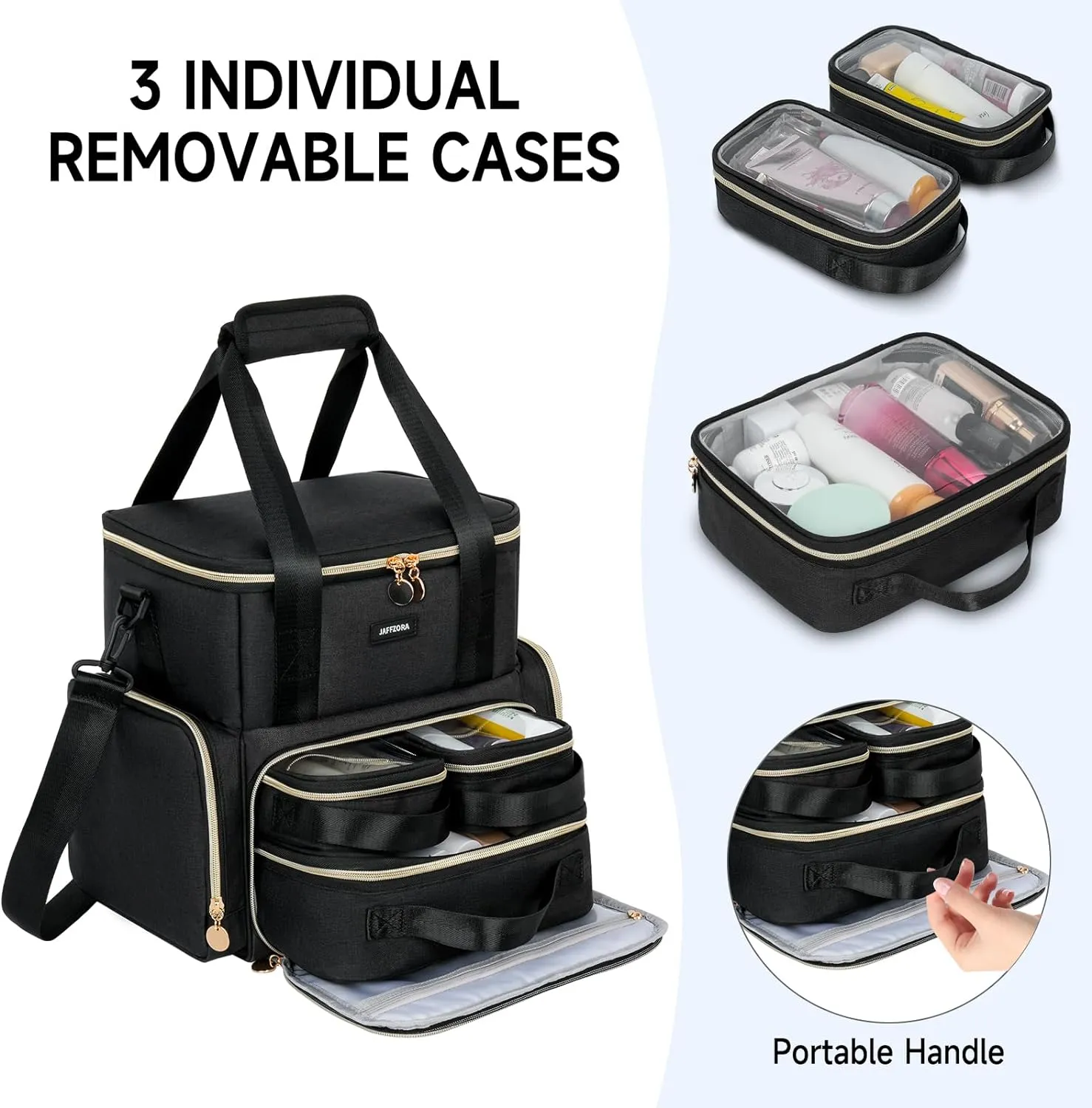Extra Large Makeup Bag with 3 Removable Cases, Double Layers Travel Cosmetic Storage Organizer Bag with Detachable Dividers, Black