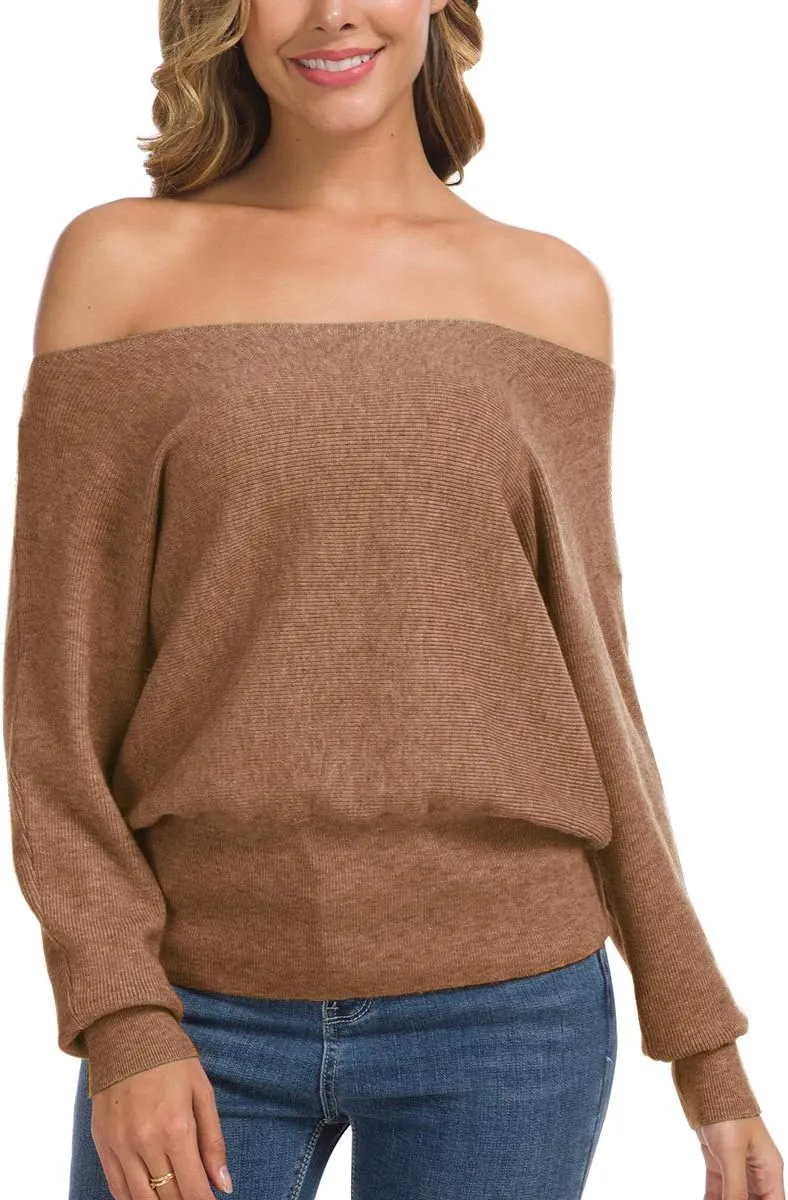 Feiersi Women's Off Shoulder Sweater Long Sleeve Loose Pullover Knit Jumper