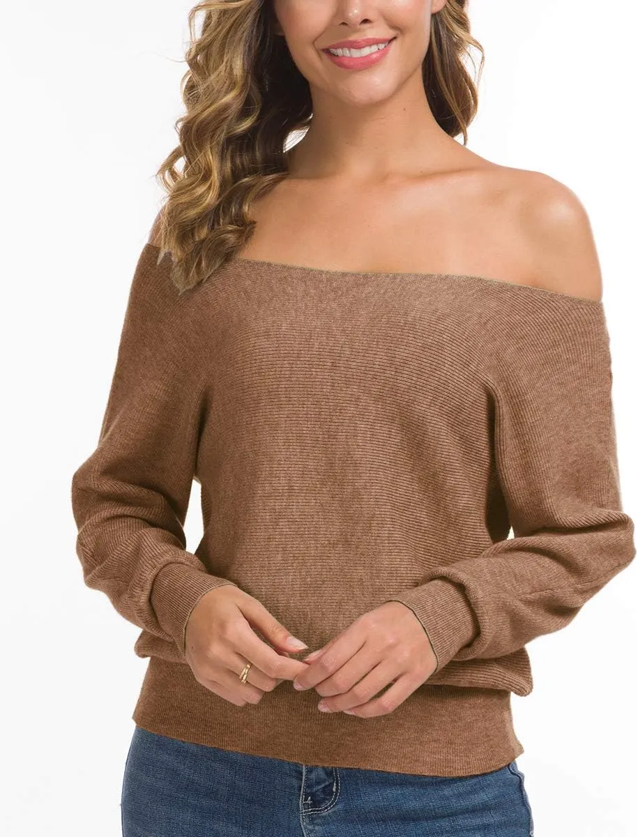 Feiersi Women's Off Shoulder Sweater Long Sleeve Loose Pullover Knit Jumper