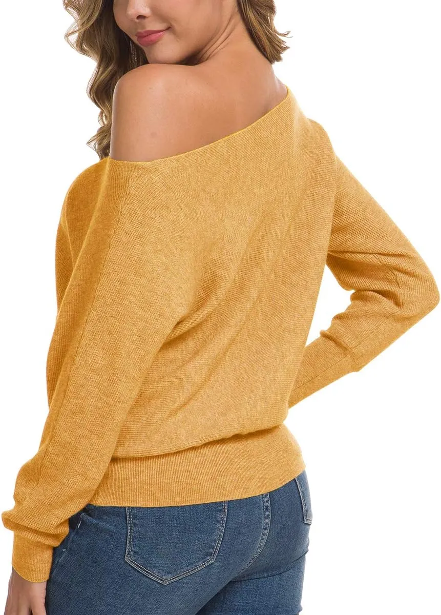 Feiersi Women's Off Shoulder Sweater Long Sleeve Loose Pullover Knit Jumper