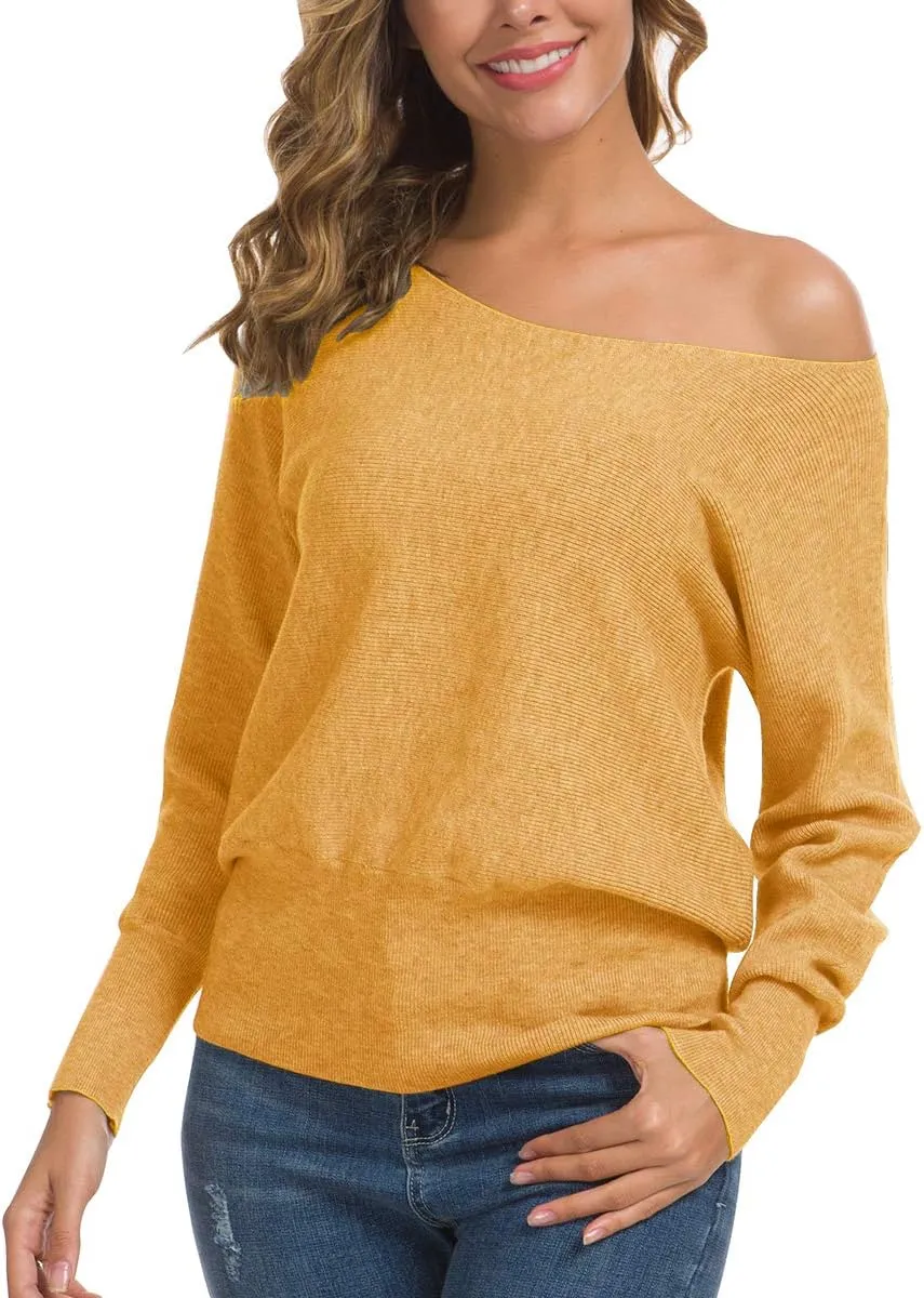 Feiersi Women's Off Shoulder Sweater Long Sleeve Loose Pullover Knit Jumper
