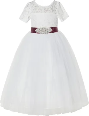 Floral Lace Tulle Flower Girl Dresses with Sleeves for Bridesmaid LG2R3
