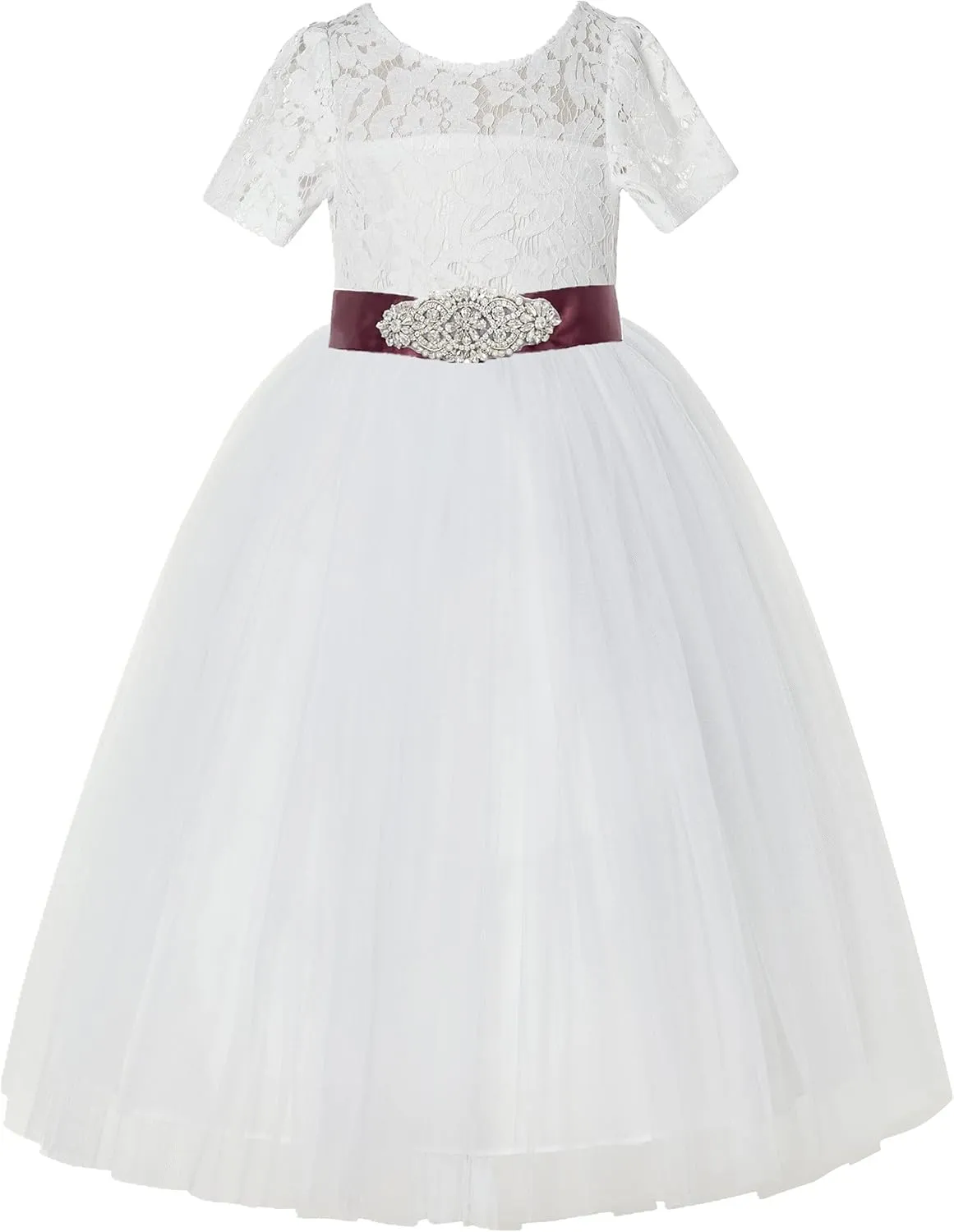 Floral Lace Tulle Flower Girl Dresses with Sleeves for Bridesmaid LG2R3