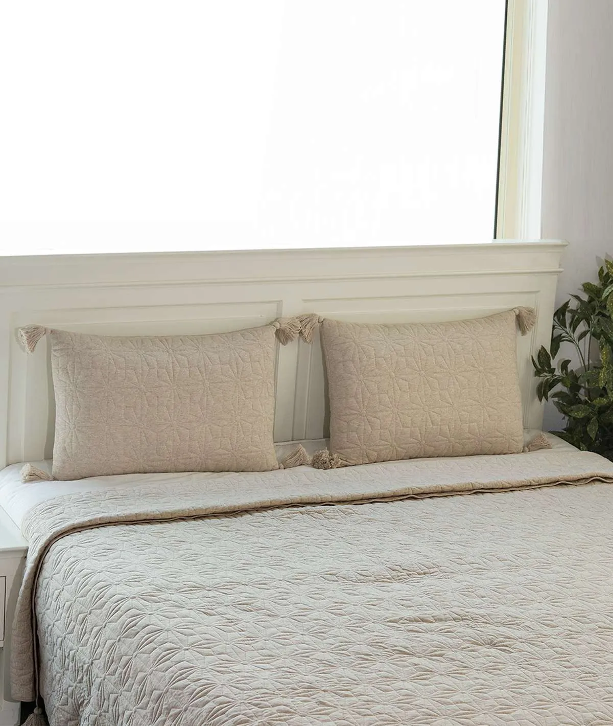 Floret Light Beige Melange 100% Cotton Knitted With Polyester Filled King Size Bed Cover With 2 Pillow Covers set