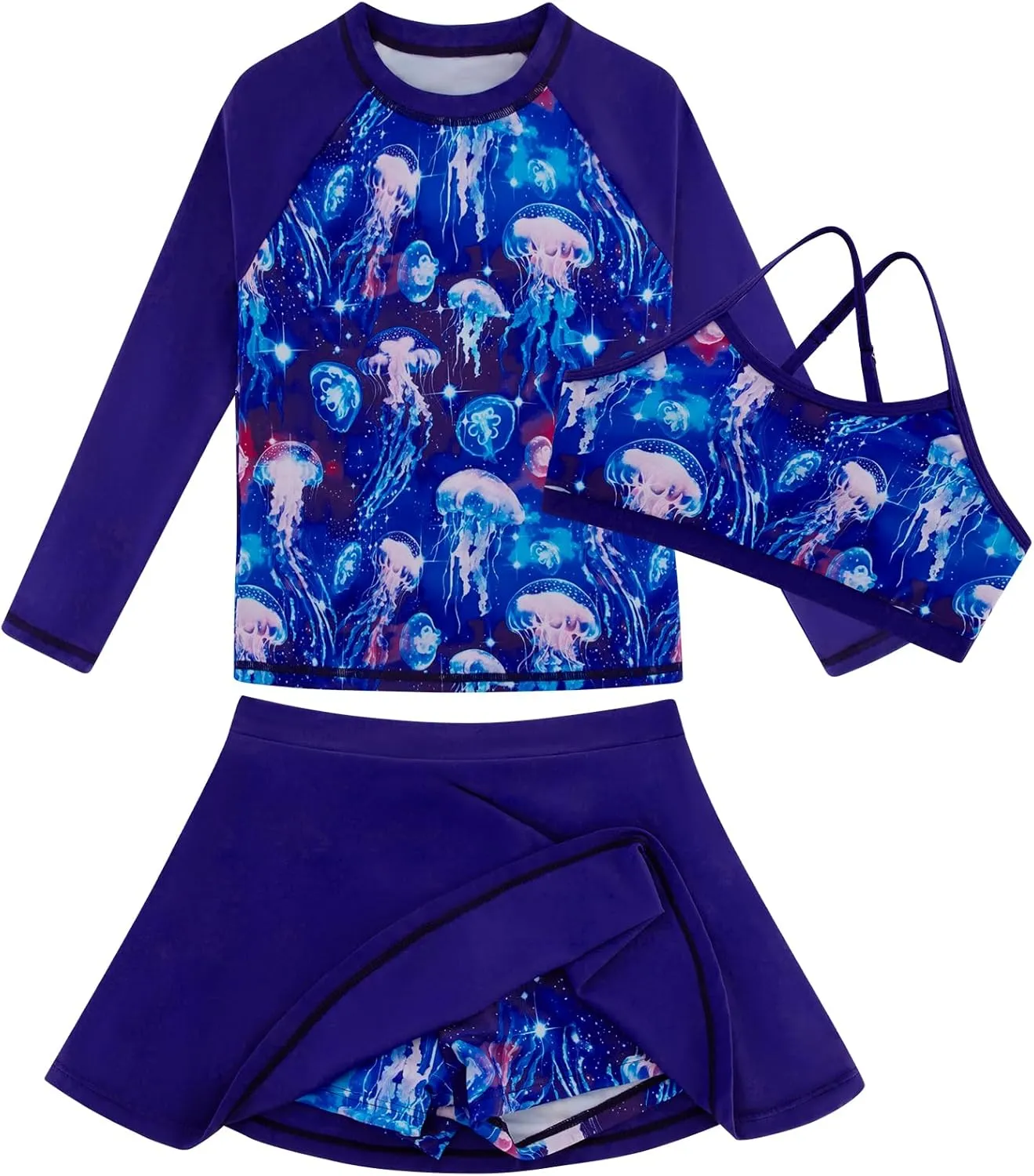 Girls Swimsuit Long Sleeve Swim Shirt 3 Piece Rash Guard for Girls Bathing Suit with Boyshorts