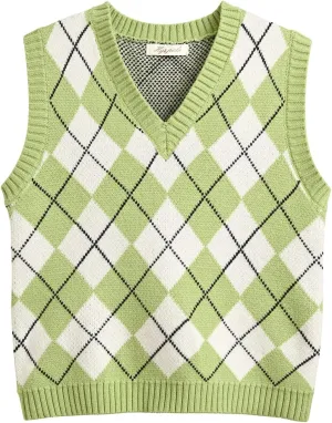 Hyipels Women's Sweater Vest,Y2K Sleeveless Pattern Preppy Style Knitted Crop Tank Top for Girl