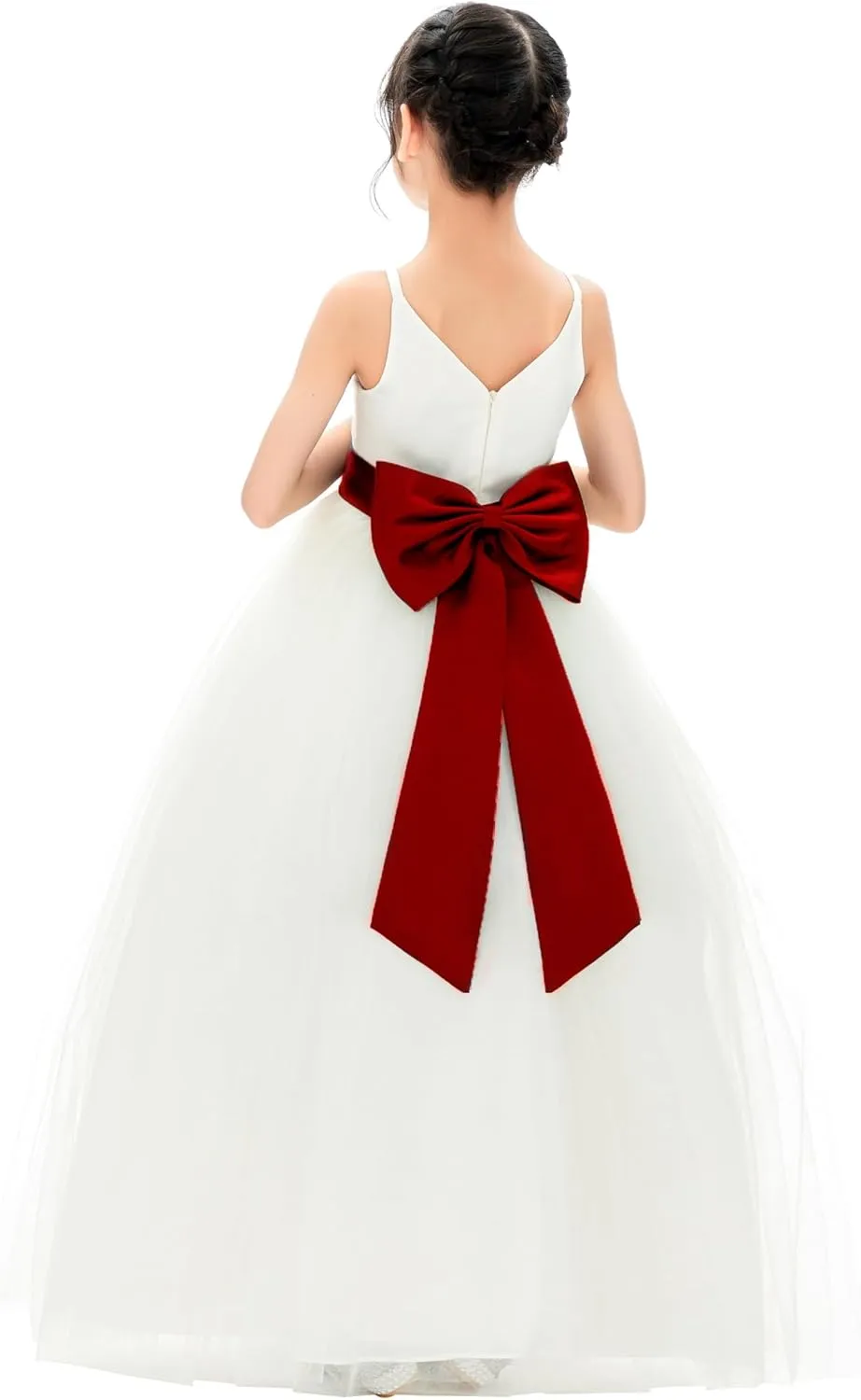 Ivory V-Neck Tulle Flower Girl Dress with Tiebow for Special Occasion 218noFT