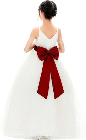 Ivory V-Neck Tulle Flower Girl Dress with Tiebow for Special Occasion 218noFT
