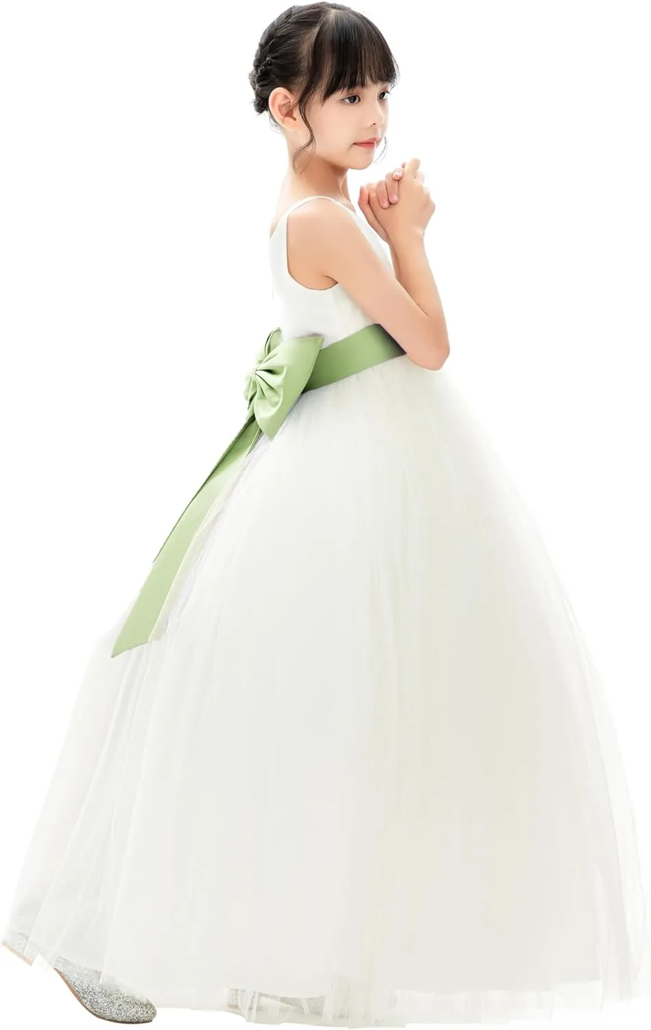 Ivory V-Neck Tulle Flower Girl Dress with Tiebow for Special Occasion 218noFT