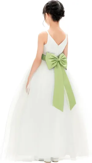 Ivory V-Neck Tulle Flower Girl Dress with Tiebow for Special Occasion 218noFT