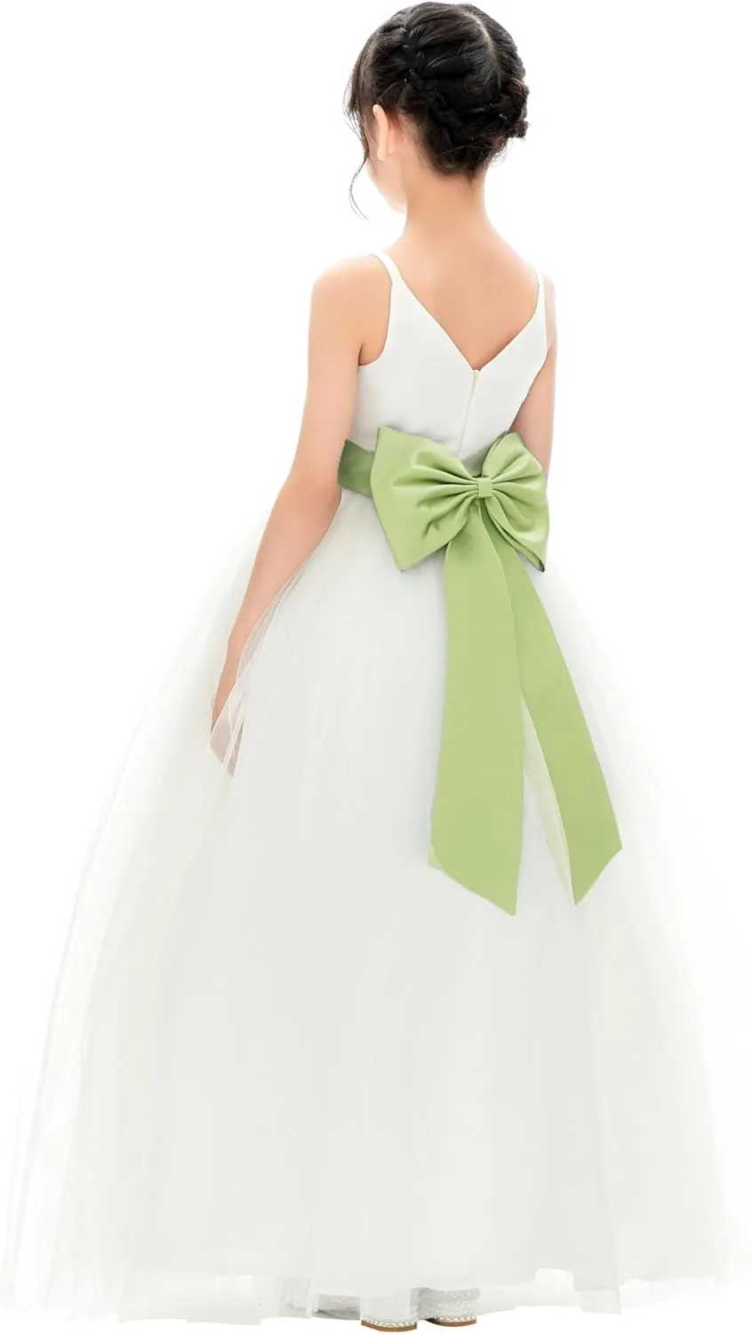 Ivory V-Neck Tulle Flower Girl Dress with Tiebow for Special Occasion 218noFT