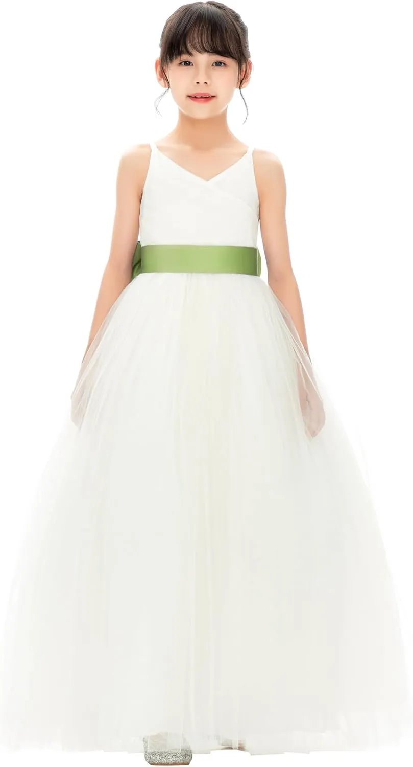Ivory V-Neck Tulle Flower Girl Dress with Tiebow for Special Occasion 218noFT