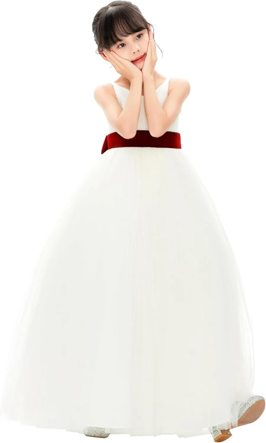 Ivory V-Neck Tulle Flower Girl Dress with Tiebow for Special Occasion 218noFT