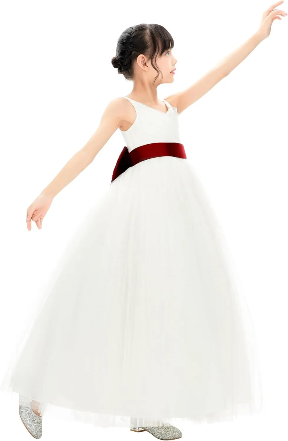 Ivory V-Neck Tulle Flower Girl Dress with Tiebow for Special Occasion 218noFT