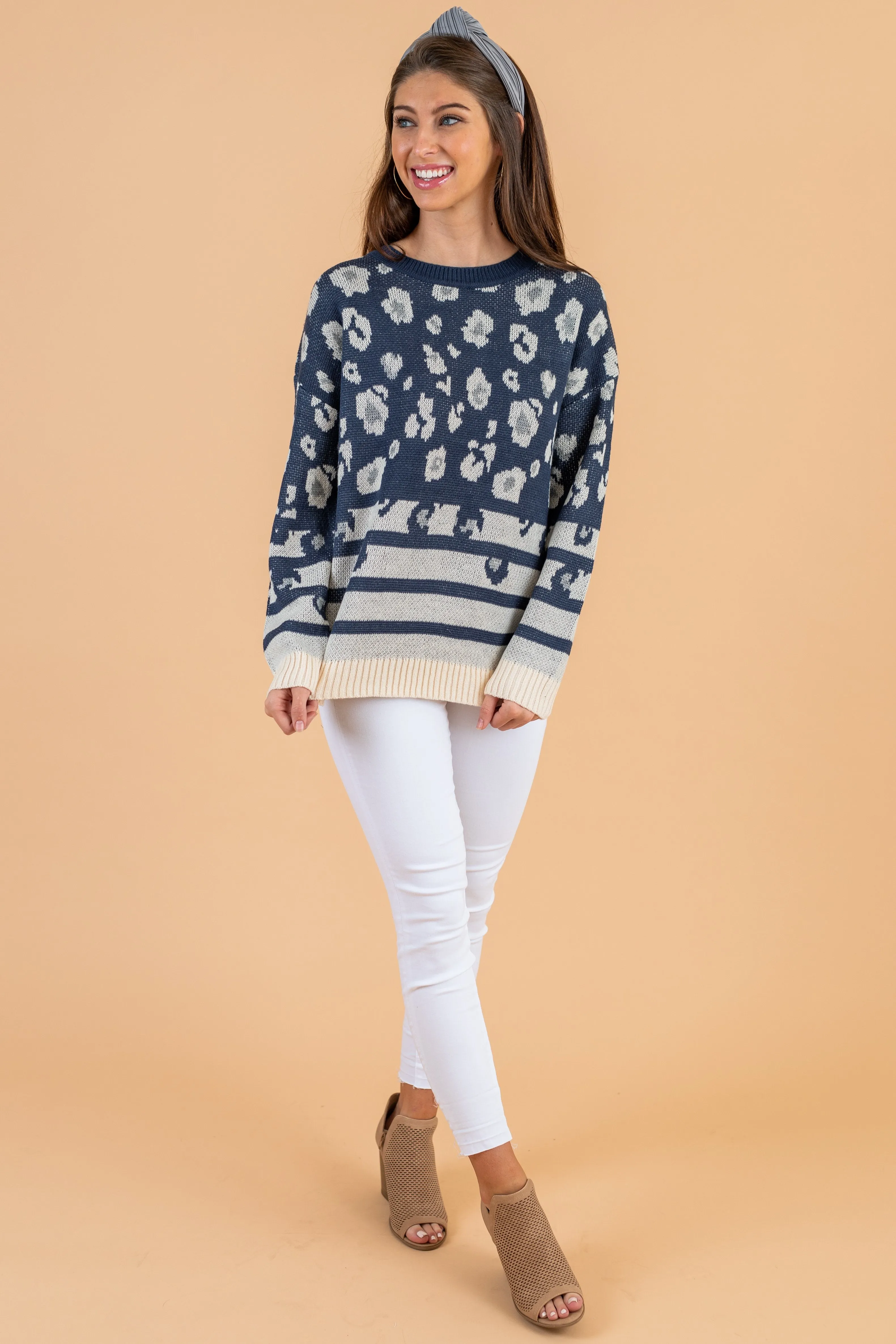 Just For Today Navy Blue Leopard Sweater