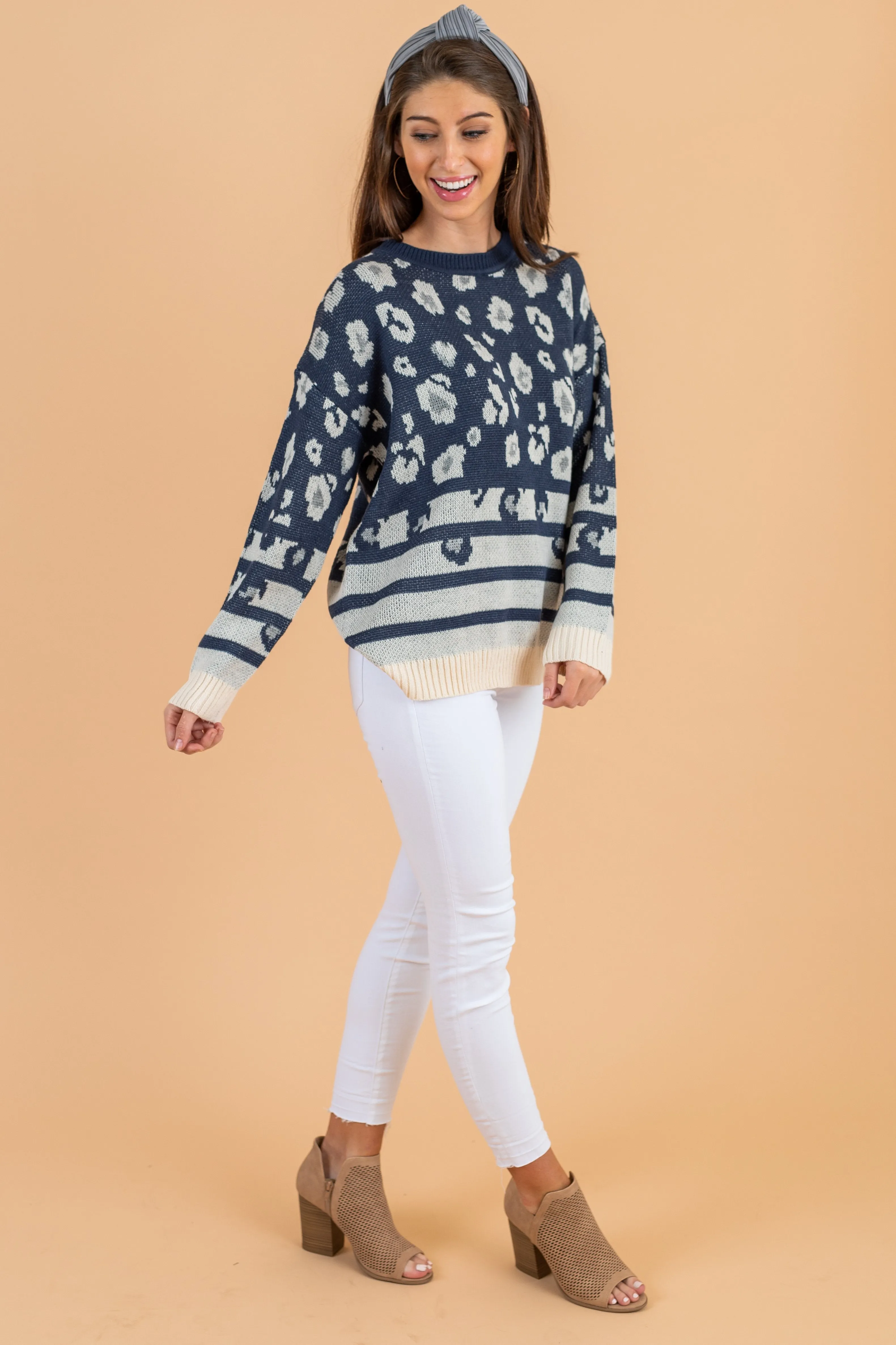 Just For Today Navy Blue Leopard Sweater