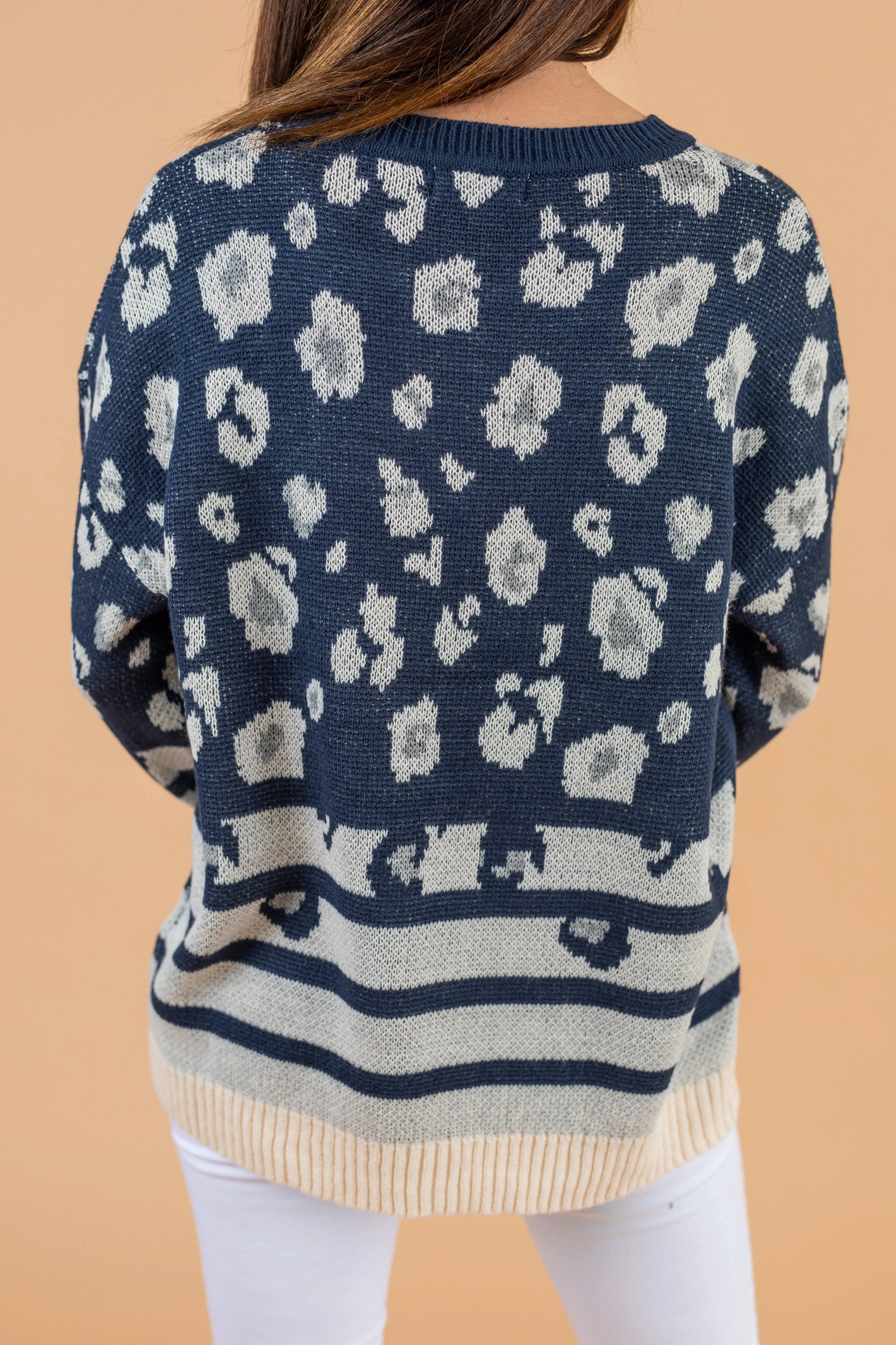 Just For Today Navy Blue Leopard Sweater