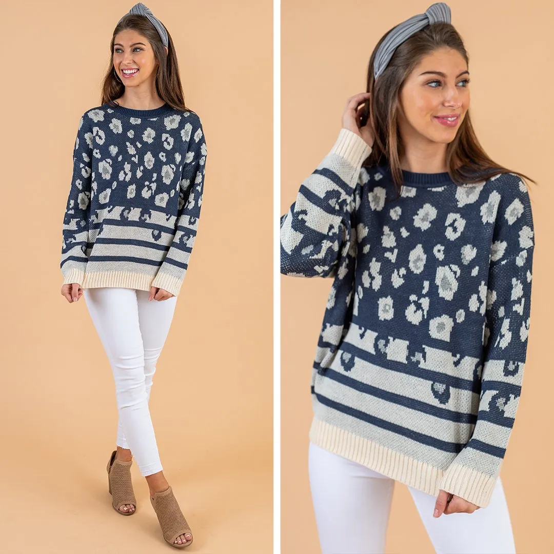 Just For Today Navy Blue Leopard Sweater