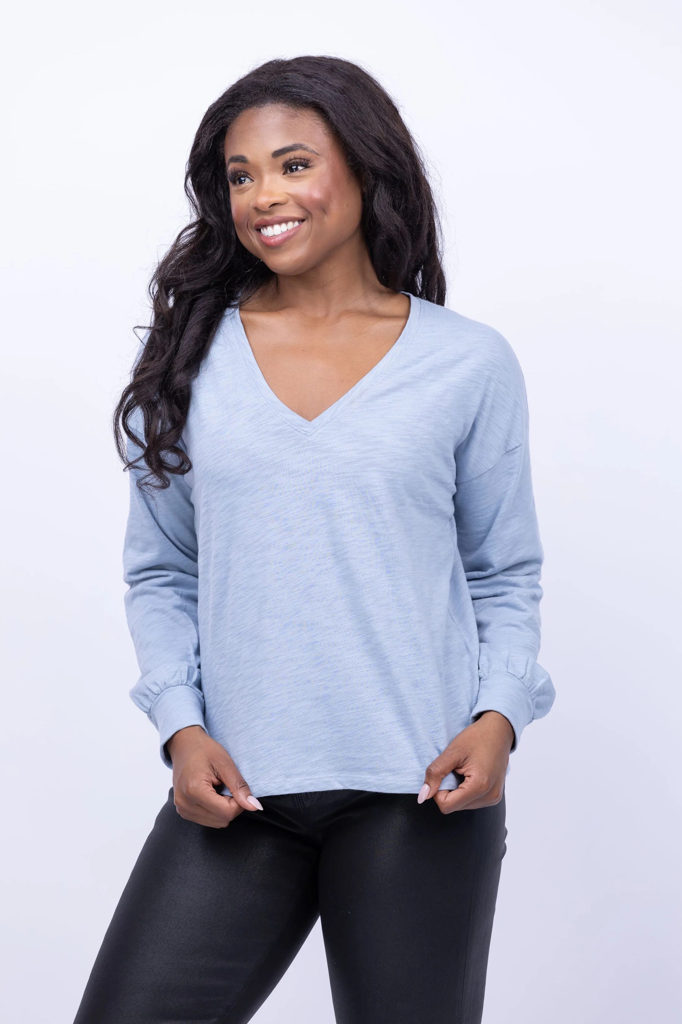 Lilla P Drop Shoulder V-Neck Tee in Slate Blue