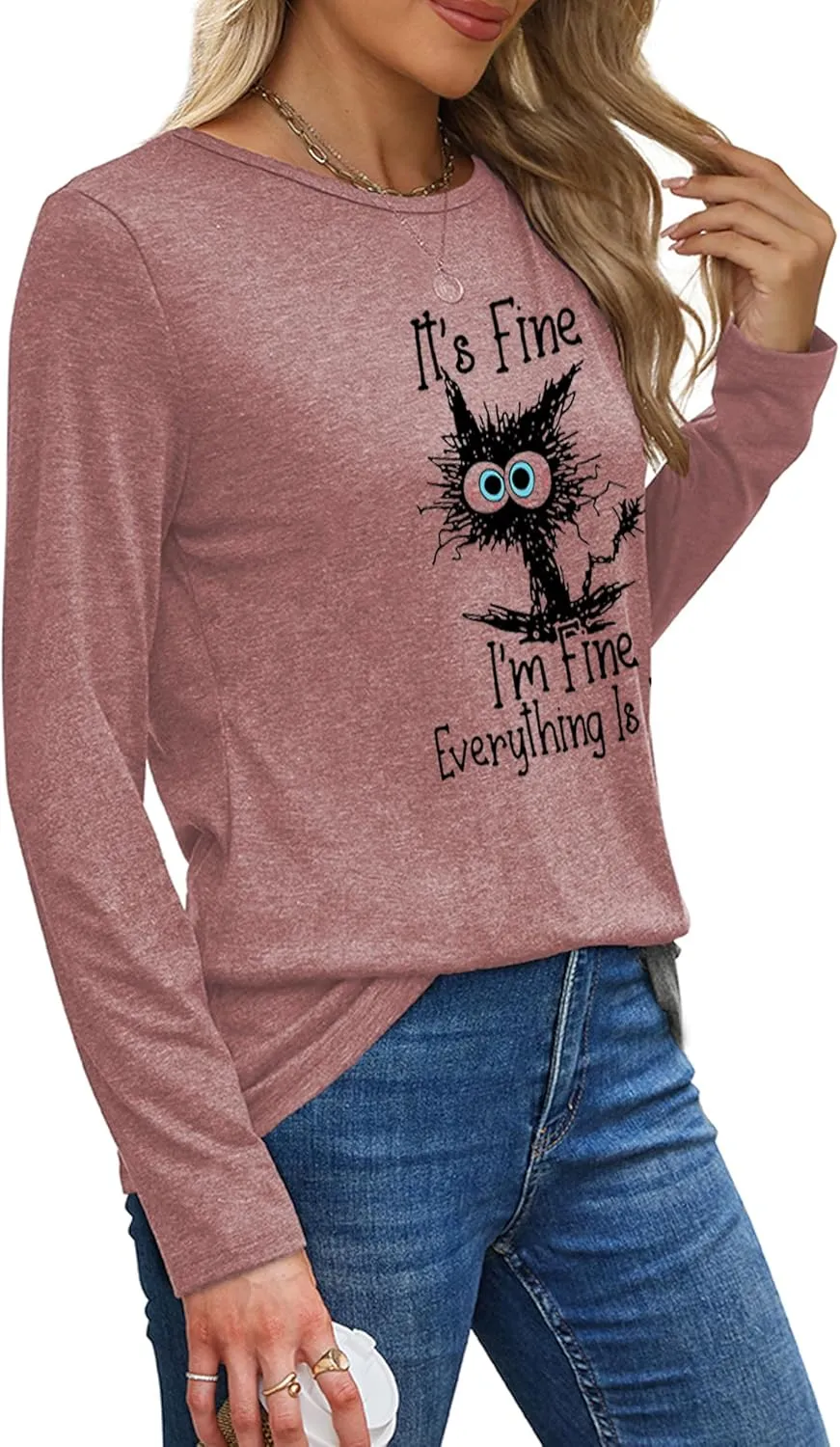 Long Sleeve T Shirts for Women Cute Cat Graphic Tees I‘m Fine Everything is Fine Tops Fall Crewneck Blouse Casual Outfits