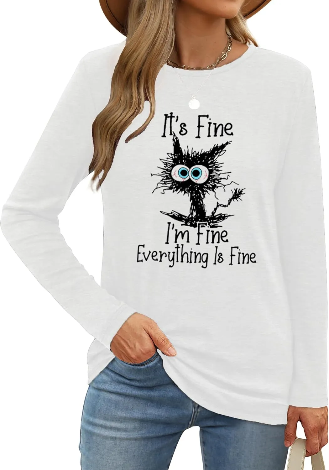 Long Sleeve T Shirts for Women Cute Cat Graphic Tees I‘m Fine Everything is Fine Tops Fall Crewneck Blouse Casual Outfits