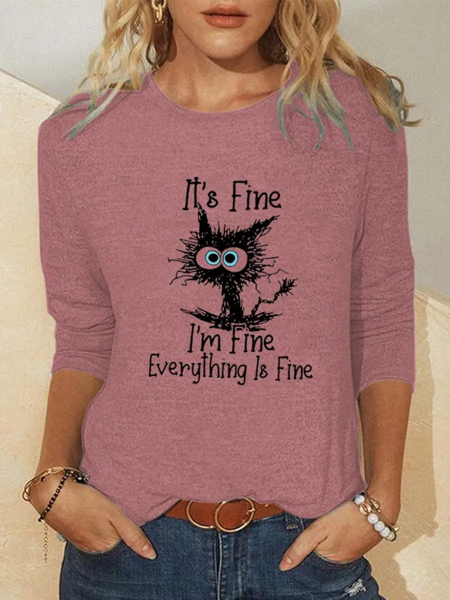 Long Sleeve T Shirts for Women Cute Cat Graphic Tees I‘m Fine Everything is Fine Tops Fall Crewneck Blouse Casual Outfits