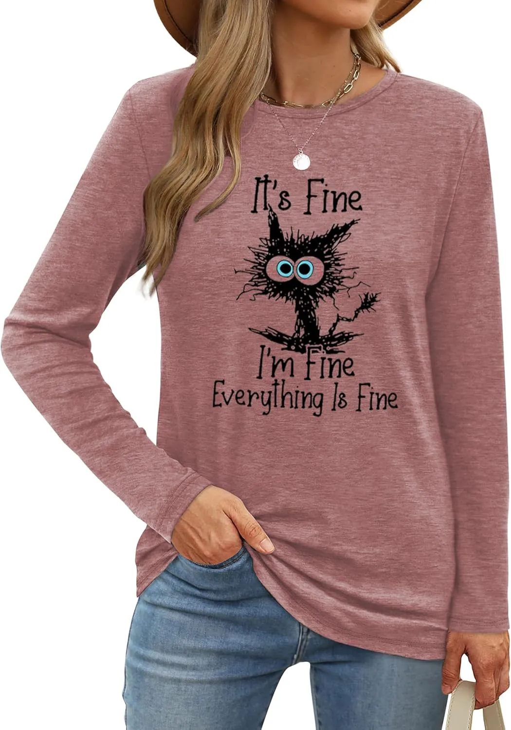 Long Sleeve T Shirts for Women Cute Cat Graphic Tees I‘m Fine Everything is Fine Tops Fall Crewneck Blouse Casual Outfits