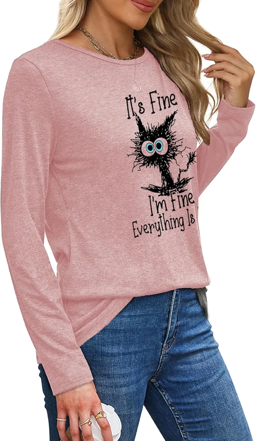 Long Sleeve T Shirts for Women Cute Cat Graphic Tees I‘m Fine Everything is Fine Tops Fall Crewneck Blouse Casual Outfits