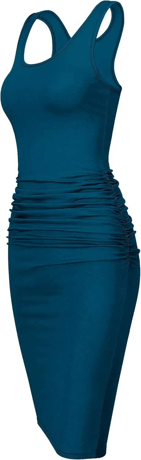 Missufe Women's Sleeveless Racerback Tank Ruched Bodycon Sundress Midi Fitted Casual Dress